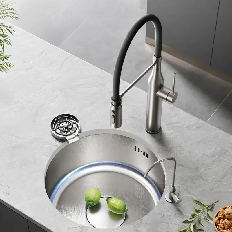304 Stainless Steel Round Kitchen Sink Small Single Bowl Integrated Wash Basin for Bar Counter Mini Island Western Style