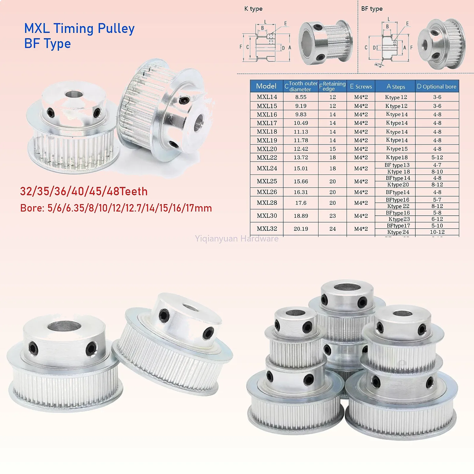 Yiqianyuan 1Piece MXL Timing Pulley BF Type 32-48 Teeth Bore 5-17mm for 6mm 10mm Synchronous Belt