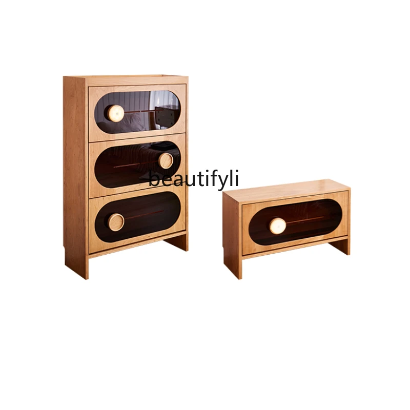 

Solid Wood Lower Door Tilting Shoe Cabinet Hallway Ultra-Thin Acrylic Entrance Storage Cabinet