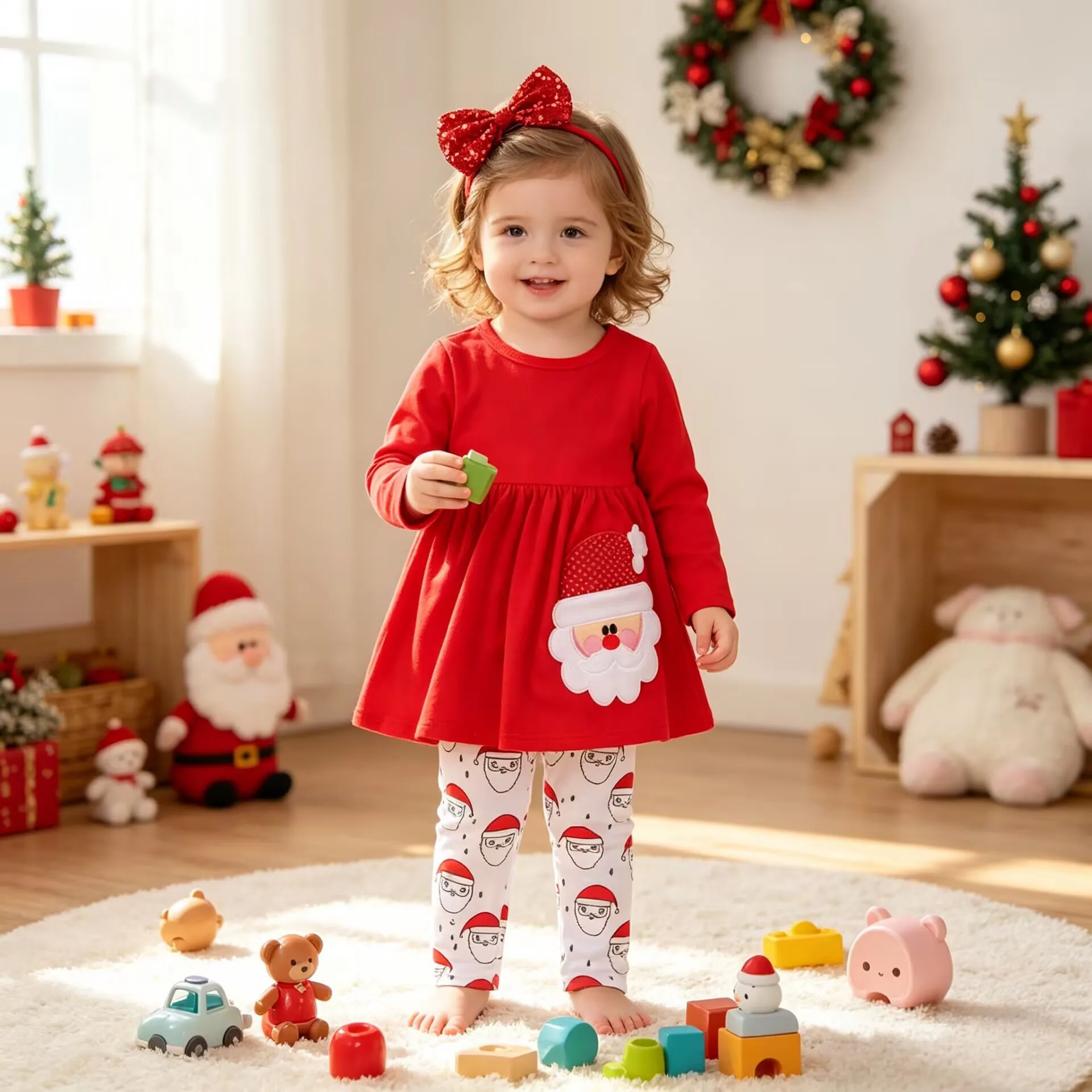 3Pcs Toddler Girls Christmas Outfit Santa Embroidery Long Sleeve Dress Cartoon Print Pants with Headband Holiday Party Costume