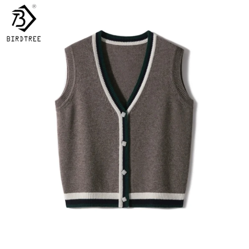 

Birdtree,90% Wool 10% Cashmere Vest,Woman V-neck Sleeveless Warmth Coat,Single Breasted,2025 Autumn Winter Waistcoat T5D509JF