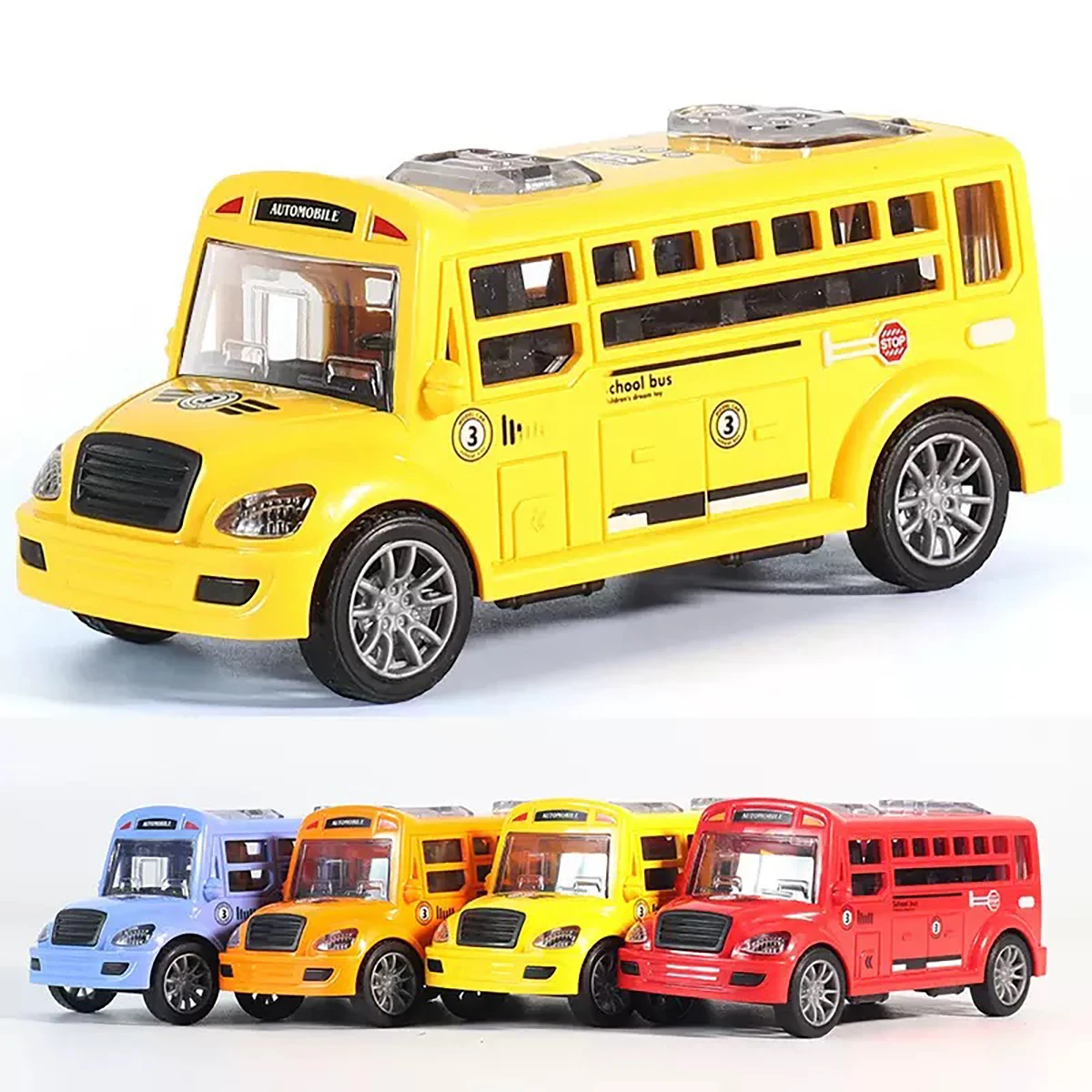 Party Games Bus - รถบัสโรงเรียนของเล่น 1 คัน แบบดึงถอยหลัง มีประตูเปิดได้ สีและลวดลายสุ่ม