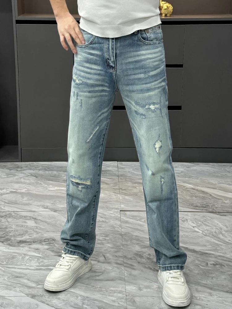 Fashionable Casual Men's Straight Leg Jeans Distressed Lightweight Luxury Summer Wearable All-Match Stylish Handsome
