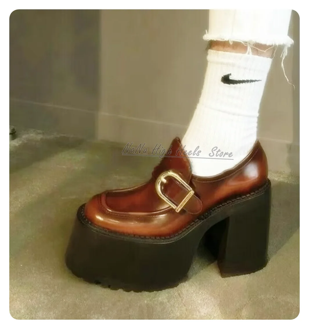 

Роскошные коричневые кожаные милые туфли на высокой платформе с квадратным носком, дизайнерские женские модельные лоферы на высоком каблуке с пряжкой, женские туфли