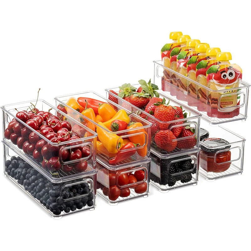 Clear Stackable Plastic Food Storage Rack, Frigorífico Organizer Bins, alças para despensa, cozinha