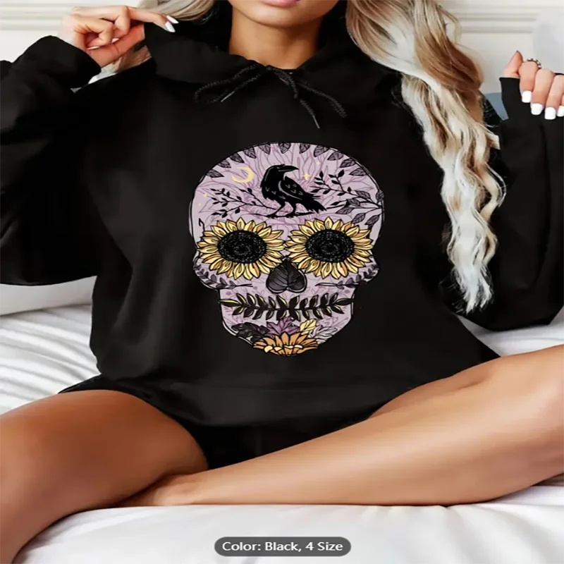 

Womens Black Hoodie Sunflower Skull Raven Graphic Print Casual Oversized Drawstring Hooded Sweatshirt for Edgy Style Lovers