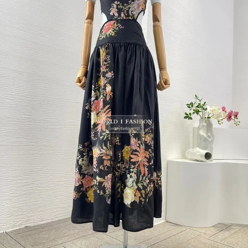 2025年新作カットアウトレトロ花柄プリントピュアリネン高品質ホルタープリーツレディースマキシブラックドレス（ホリデー向け）