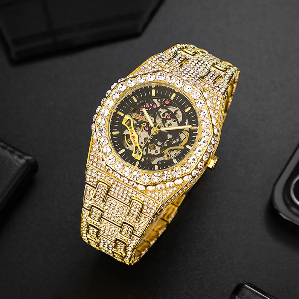 Drip Letter Ice Hollow Out Watch for Men Quartz Clock Mechanical Rhinestone Glow Waterproof Hip Hop Fashion Jewelry 2023 Trend