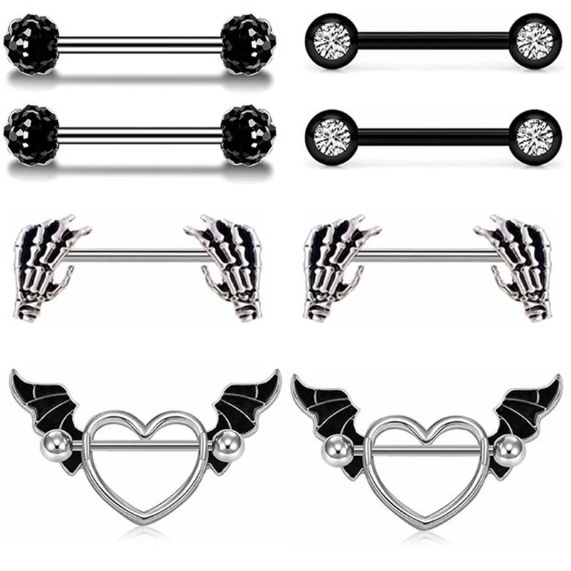 2pcs Black Heart Paw Nipple Ring Piercing Chain Breast Shield for Women Surgical Steel Nipple Barbell Cover Sexy Body Jewelry