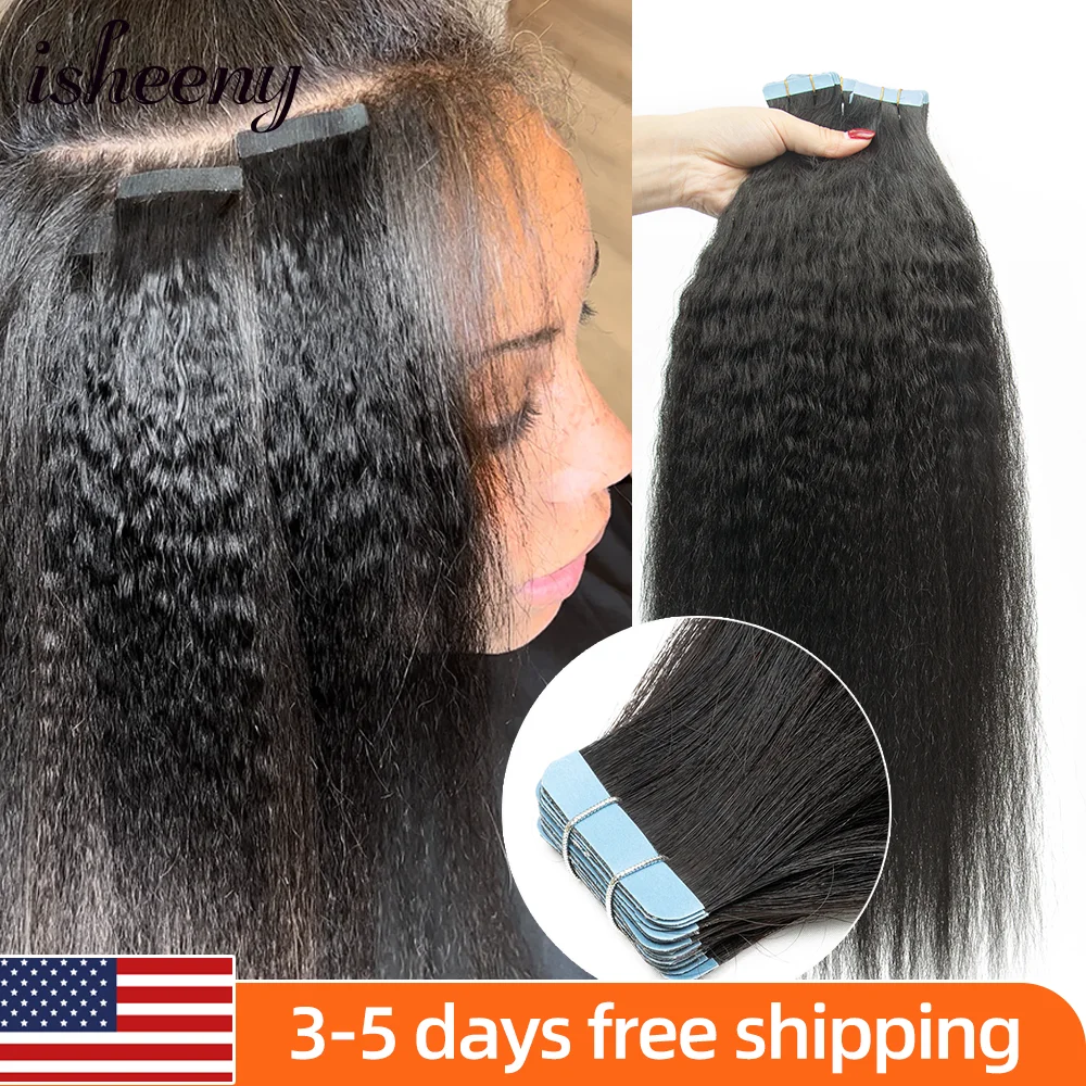 

Isheeny Kinky Straight Tape In Human Hair Extensions 10"-24" Seamless Invisible PU Skin Weft Natural Human Hair For Black Women