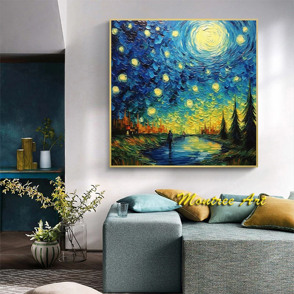 Hand Painted Oil Painting Original Starry Sky Oil Painting on Canvas Abstract Impressionism Painting Blue Landscape Art Decor