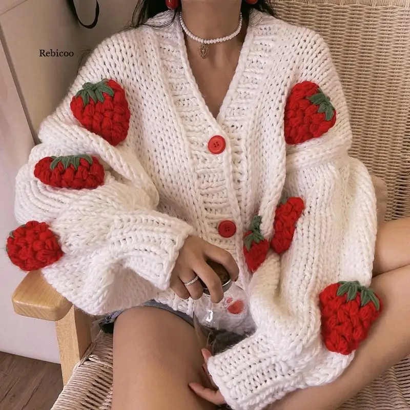 

Women's Winter Sweater Coat Thick Knitwear Strawberry Chic Crochet Tops Autumn V-neck Loose Vintage Casual Cardigan For Women