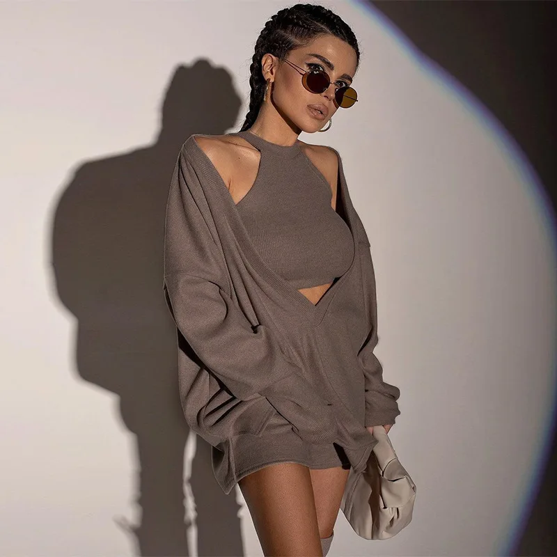 Spring Autumn Women's Pullover Casual Loose V-neck Long-sleeved Pullover + Navel-baring Off-shoulder Short Vest Two-piece Set