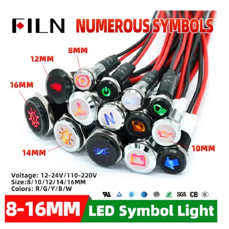 FILN 8/10/12/14/16/19MM 12V 24V Metal Indicator Light Car Waterproof LED Pilot Signal Lamp Panel Customization