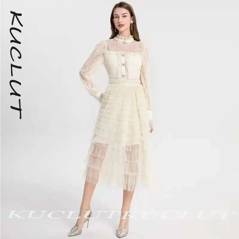 KUCLUT 2025 ใหม่แขนสั้น Floral Lace Overlay SHEER แผง MIDI ความยาว Elegant ผู้หญิงโรแมนติกผู้หญิงชุดหญิง