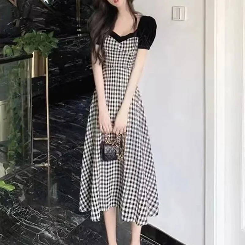 2023 Summer New Square Neck Puff Sleeve Waist Retraction Midi Dress Women Fashion Casual Sweet Fake Two Pieces Vintage Dresses