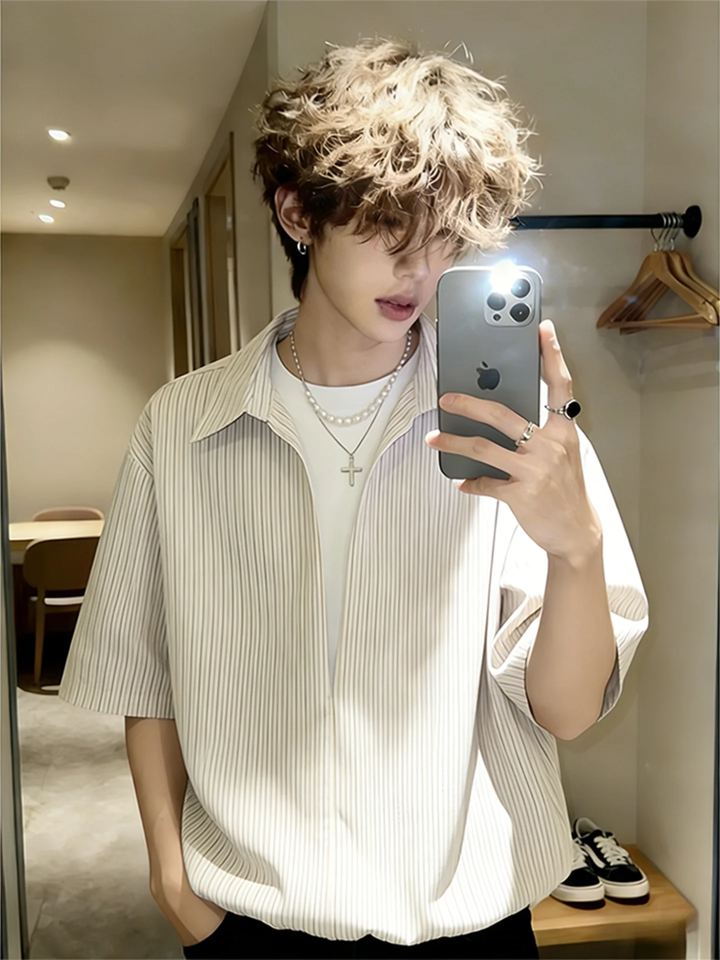 Khaki Stripe V-Neck Short Sleeve Shirt Men's Summer Cleanfit Vintage Style Loose Fit Breathable Polyester Fiber Shirt