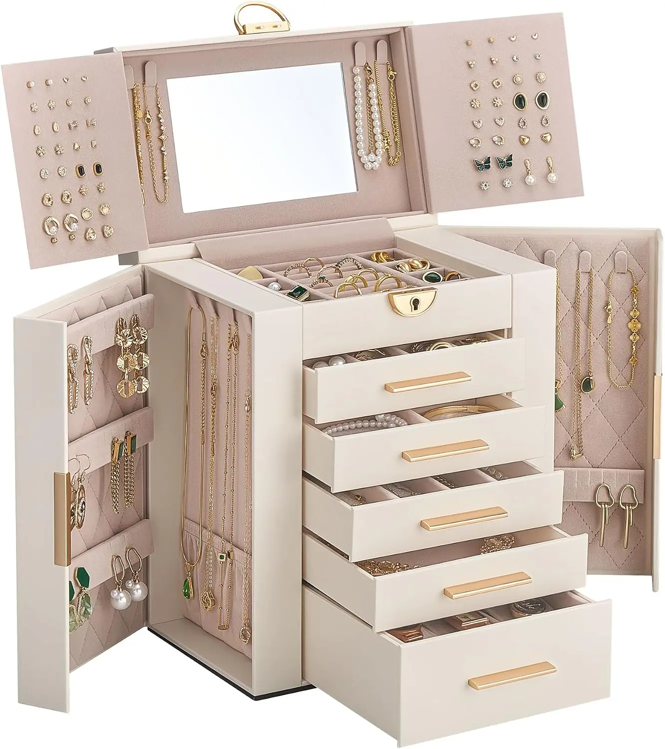 Large Jewelry Box Organizer for Women, 6-Layer Jewelry Organizers and Storage Case with Mirror & 5 Drawers, Lockable Watch Ring Earring Bracelet Necklace Holder Girls Gift -6Layer, Beige