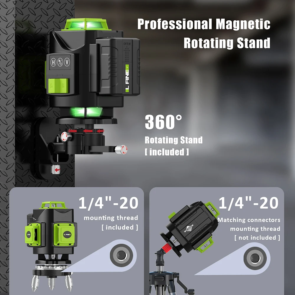 LFINE Laser 360 Laser Level Self-Leveling 4D 16 Lines Green Lights Professional Laser Level Green Cross Line Construction Tools