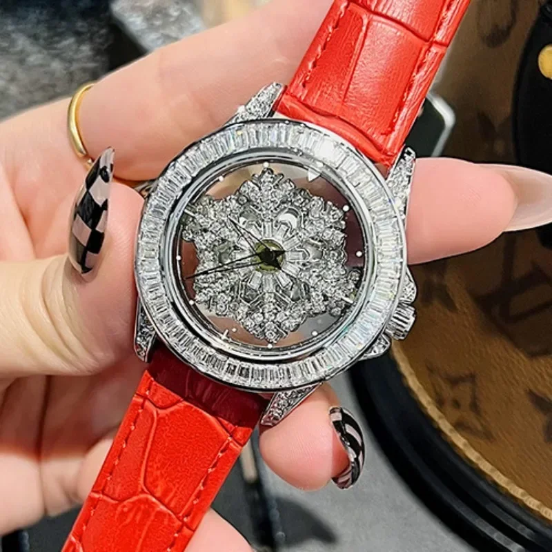 Snowflake Women Watch Fashion New Hollow Through Rotating Water Diamond Luxury Women Quartz Wristwatches Exquisite Girl Clock