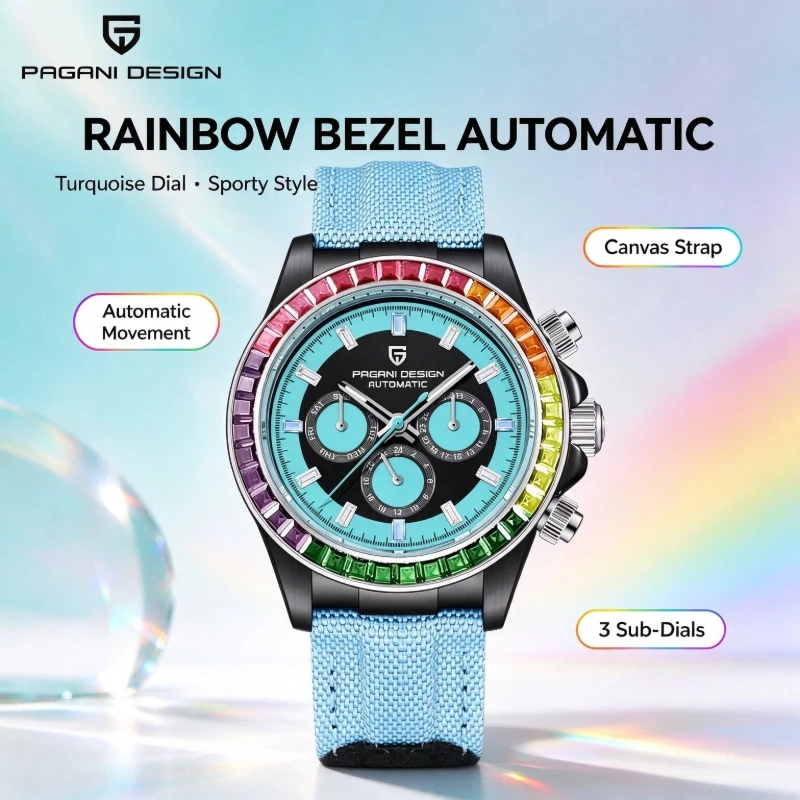 PAGANI DESIGN Luxury Men's Mechanical Watch 40mm Multifunctional Timing Watch Rainbow Bezel Sapphire Glass Men's Watches for Men