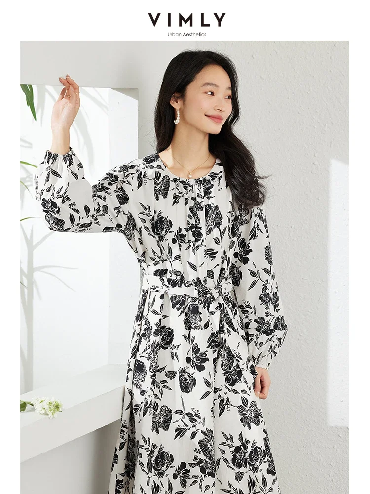 VIMLY Women\'s Elegant Tea Break French Style Dress Autumn New O-Neck Long-Sleeved Cotton Floral Dress Commuter Casual Dress