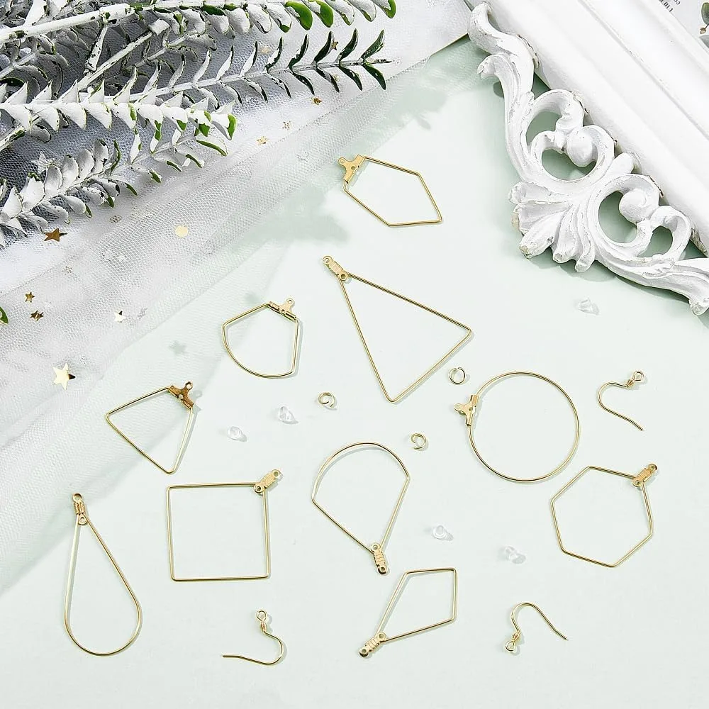 20pcs 10 Styles Golden Hoop Earring Findings 304 Stainless Steel Assorted Geometric Earrings with 20pcs Earring Hooks Wire