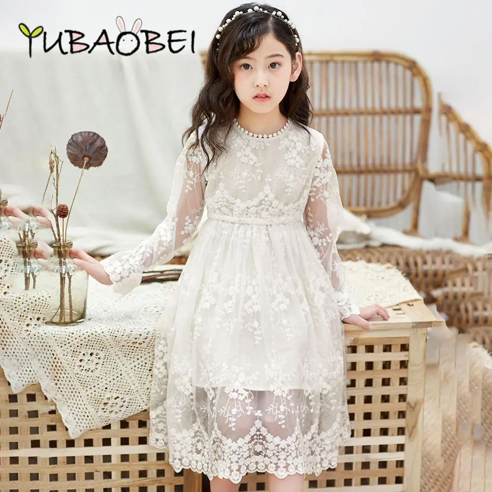 YUBAOBEI Embroidery White Lace Dress for Kids Girls Elegant Party Wedding Birthday Children Dress Princess Summer Fall Teen Girl