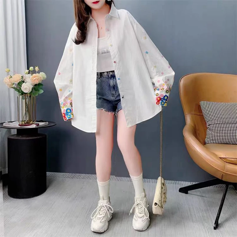 2023 frühling Sommer Trend Stickerei Baumwolle Blusen Shirts Für Frauen Lange Hülse Lose Beiläufige Shirts Tops Camisas De Mujer