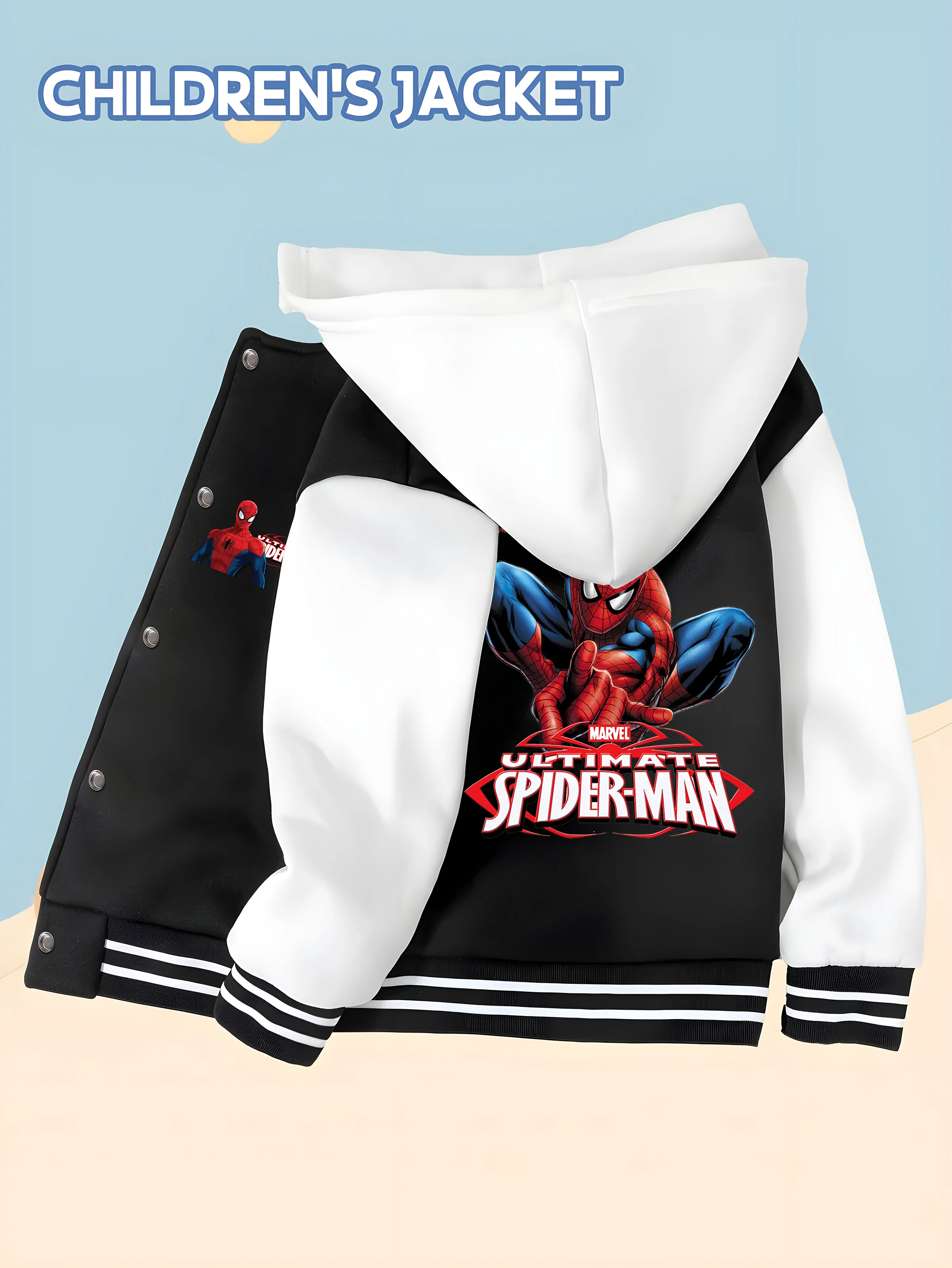 

MINISO Spider-Man co-branded children's baseball jacket hero print, black and white stitching trend, trendy design and comfortab