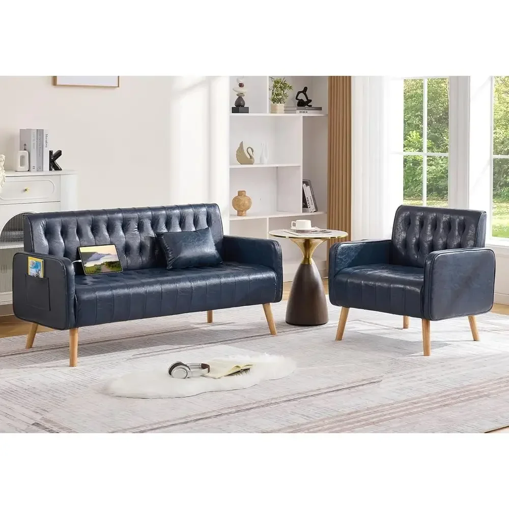

Modern Blue Leather Loveseat and Accent Chair Set with USB Charging for Cozy Living Room