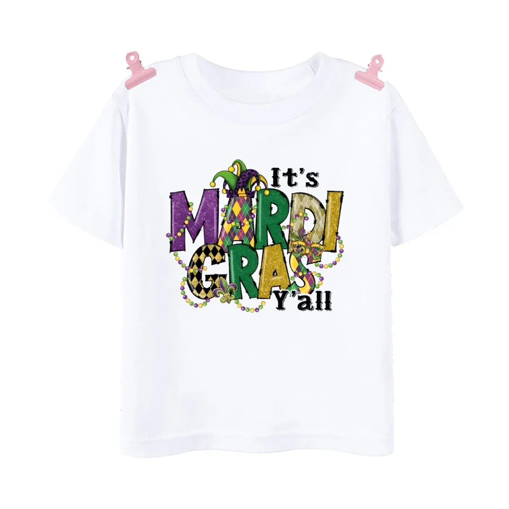 Mardi Gras Dude Printed Kids Short Sleeve T-shirt - Boys Girls Carnival Outfit Holiday Bleached Top for Children