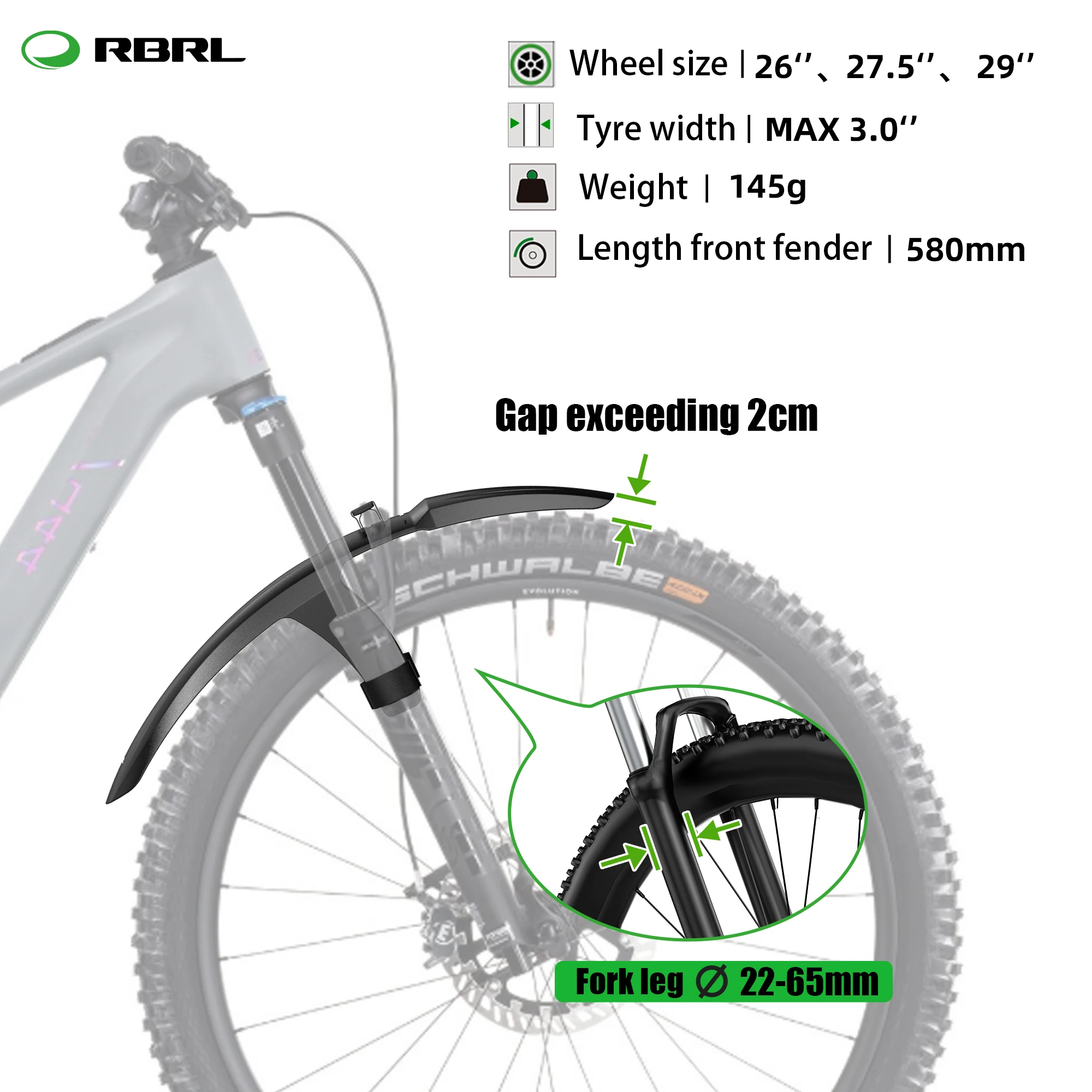 RBRL Bike Front Mudguard Full Coverage Bike Fender Compatible with 3' Tire Splash-proof Bicycle Fender for MTB Electric Cycling