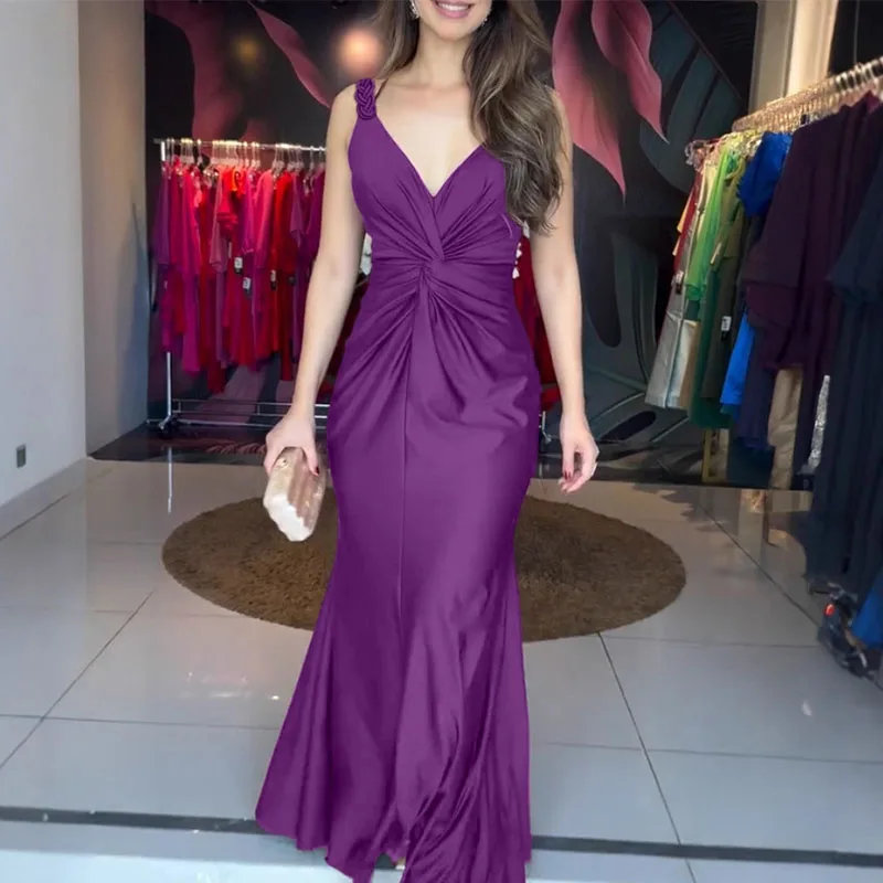 Fashion Solid Color Slim Fishtail Dress Temperament V-neck Twist Sleeveless Halter Dress Elegant Hollow Out Satin Evening Dress