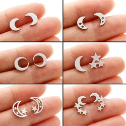 Stainless Steel Simple Moon Star Earrings For Women Small Crescent Ear Studs Jewelry Wedding Party Gifts For Best Friends