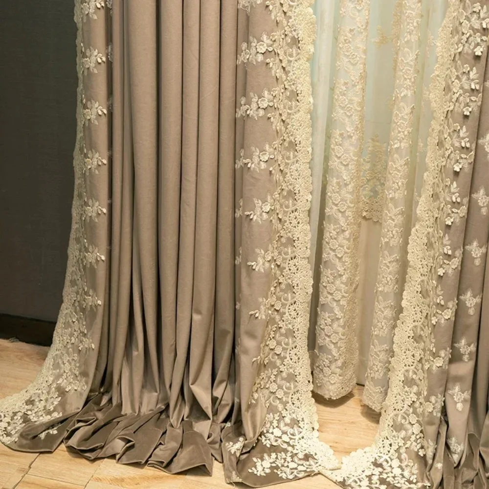 

French Embroidery Lace Patchwork Flannelette Shading Thickened Curtains for Living Room Bedroom Balcony Window