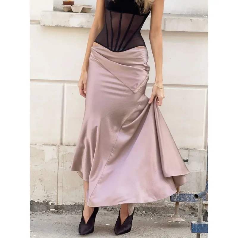 

Krismile Dance Party Satin Pink Layered Skirts Women 2025 A-line Split-Side High-waist Vintage Elegant Woman Long Tierred Skirts