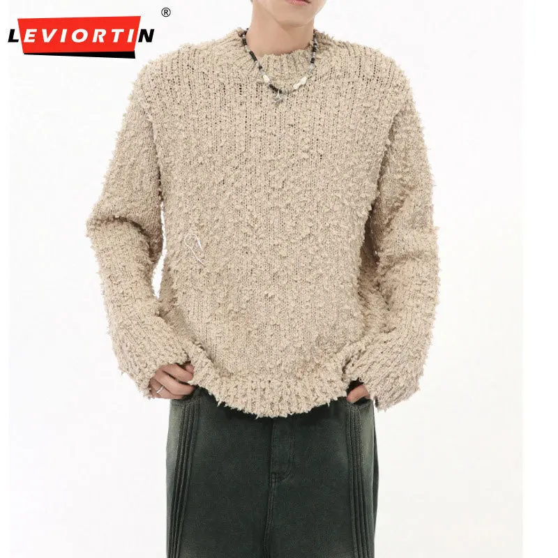 LEVIORTIN autumn simple men's sweater round neck worn-out solid color Korean version loose men's pullover sweater M4-AM-65112