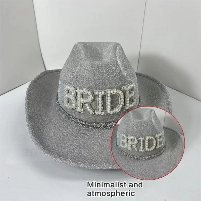 340D Bride Hat Cowgirl Hat Glitter Encrusted Rhinestones BRIDR GROOM for Engagement