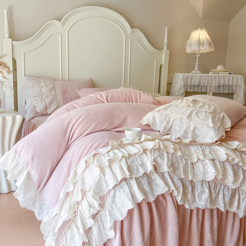 Korean Style Princess Four Layers Lace Ruffles Bedding Sets Velvet Winter Duvet Cover Bed Skirt Pillowcases Home Textile 4Pcs
