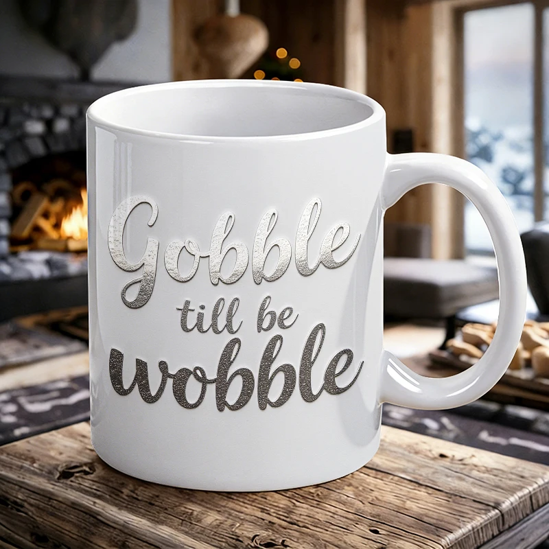 

Shiny Silver Glitter "Gobble till be wobble" Ceramic Mug, Funny Thanksgiving Coffee Cup, Unusual Novelty Mug for Turkey Day Fans