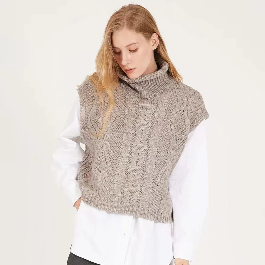 2024 Herfst Wintermode Dames Gebreide Truien Vest Casual Mouwloze Coltrui Losse Pullover Crop Tops Warm Gebreide Kleding