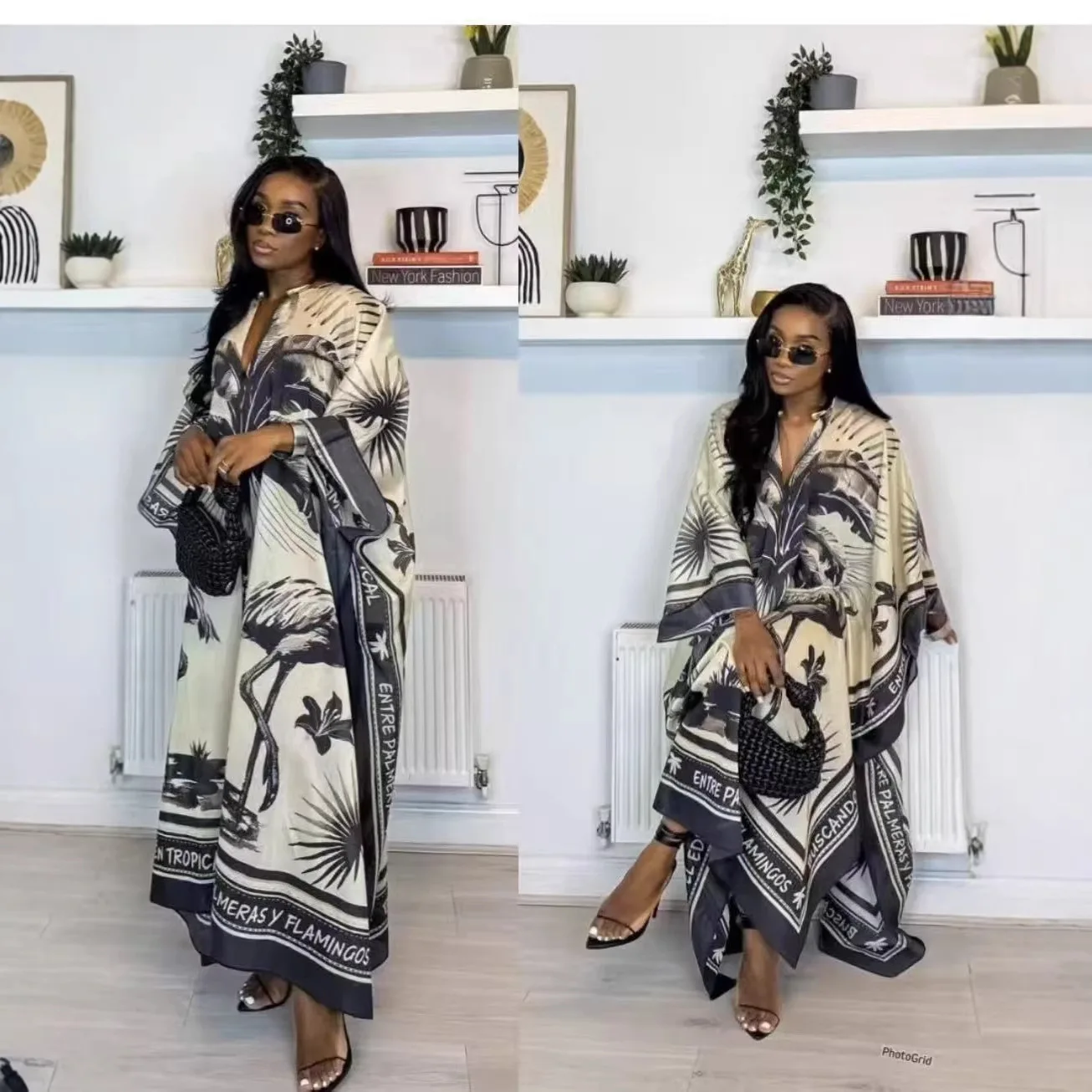 

2026 new printed V-neck large size loose seaside vacation sunscreen long elegant dress