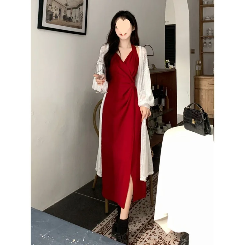 

Spring Summer New Chinese Style Hanging Neck Dress Elegant Lady plus Size Meat Concealing Slimming Strap Long Split Dress