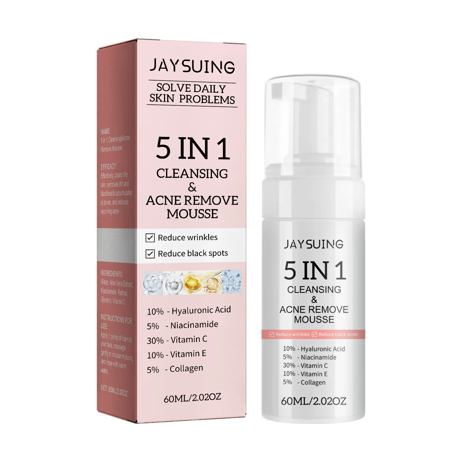 Hyaluronic Acid Cleansing Mousse A-cne Removal Blackheads Oil Control Deep Exfoliating Peeling Shrink Pores Facial Cleanser Foam