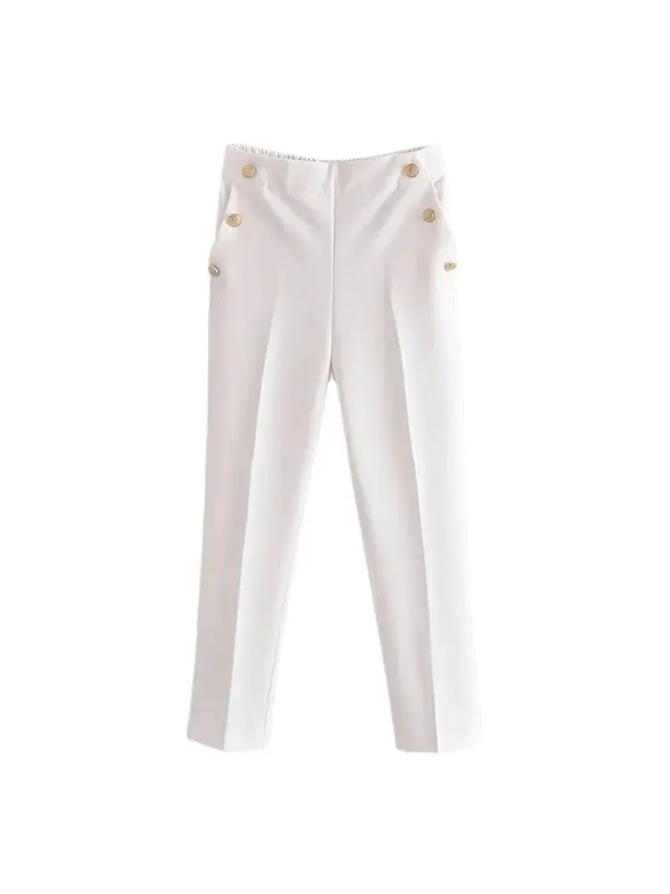 Women Fashion With Metallic Button Straight Pants Vintage High Waist Back Elastic Waistband Female Ankle Trousers Mujer