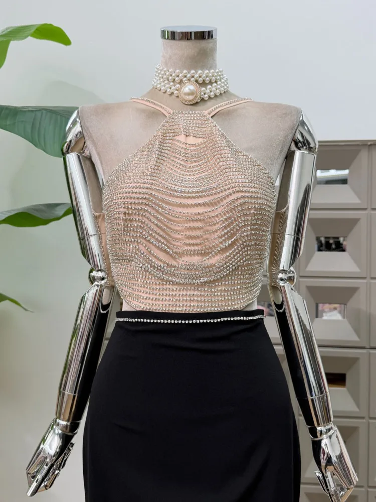 DFDG المرأة 2025 الربيع الصيف عارية فاخرة كريستال سلسلة فستان الرسن انقطاع Bodycon تنّورة مجسّمة تصميم فريد مساء فستان