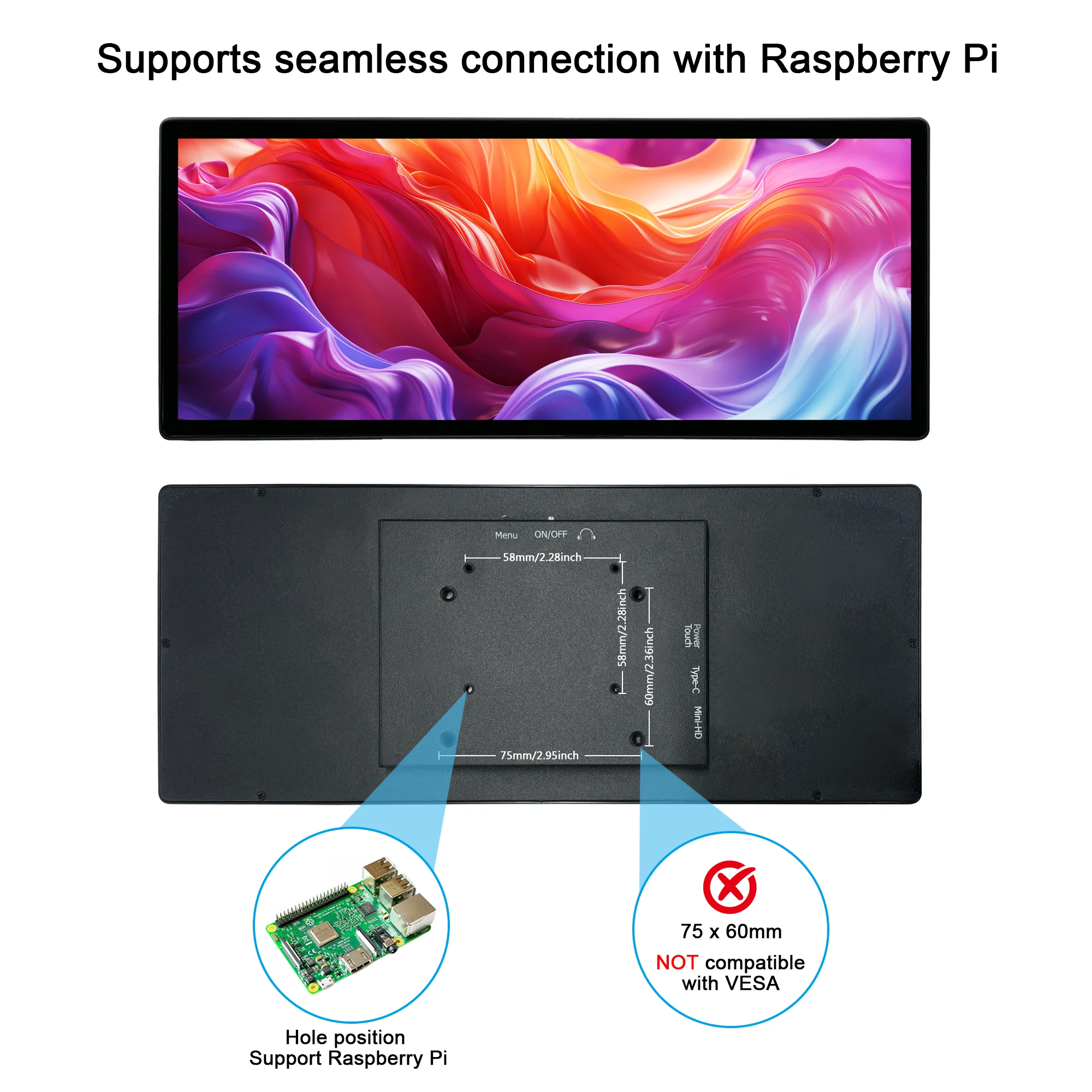 12.3インチ 1920x720 タッチ式ポータブルモニター ストレッチバー