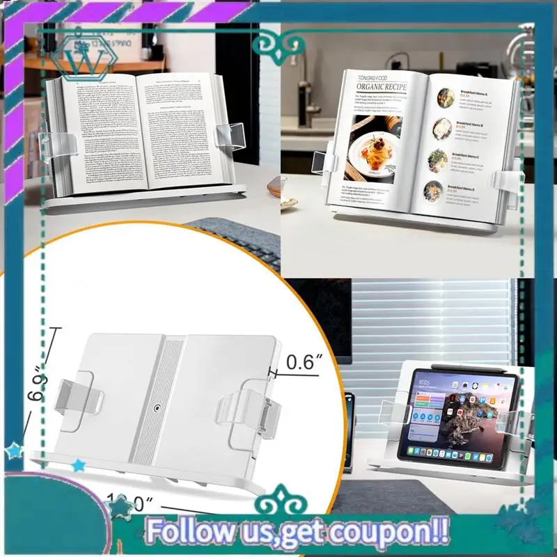 

Hands-Free Book Stand - Adjustable, Expandable Holder For Comfortable Reading - 90° Angle, Transparent Page Clips Durable