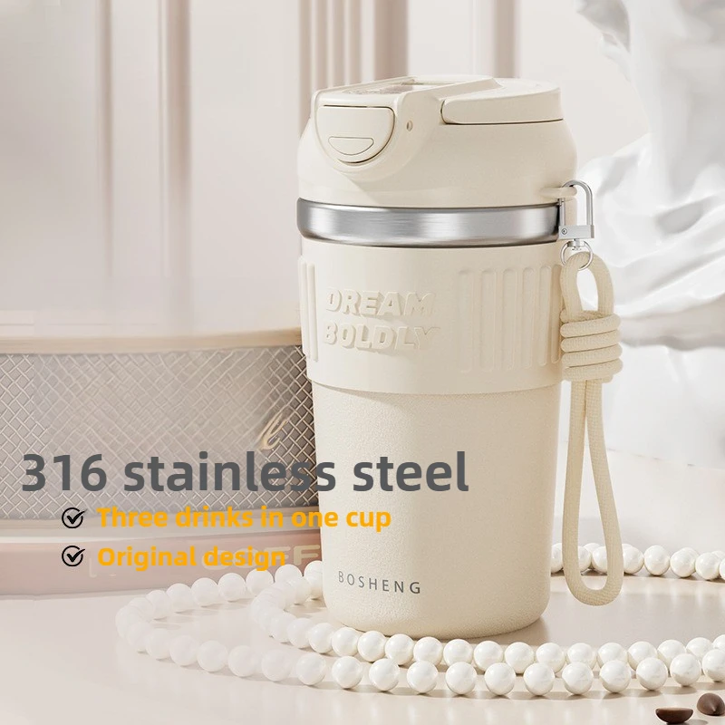 Simple Stainless Steel Straw Tumbler, 316 Insulated Thermos Cup for Office & Commute, Easy Clean, 6-Hour Hot/Cold, Double Lid